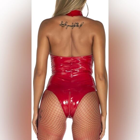 New Wet Look Patent Leather Red Bodysuit Zipper Catsuit Open Crotch Ling… - Picture 2 of 16